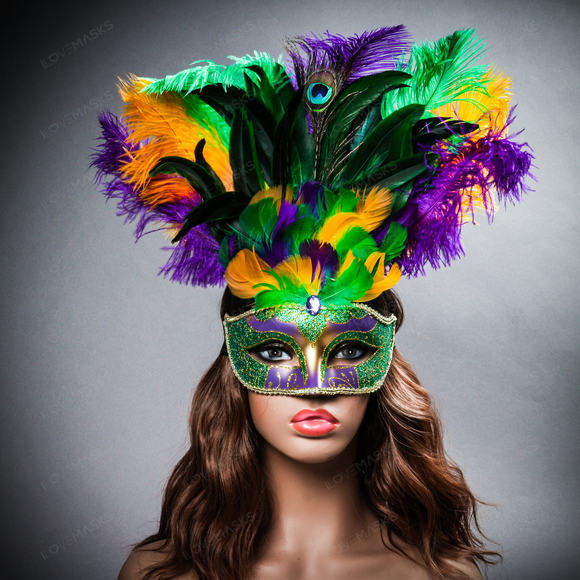 Venetian Glitter Crystal Mardi Gras Mask with Peacock Large Feather Green Yellow - Picture 2 of 9